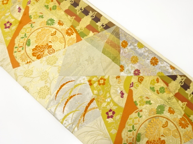 アンティーク　切りばめ風　縞に花模様織り出し袋帯（材料）